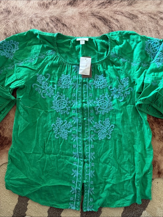 J. Jill Tops - J. Jill Green Embroidered Peasant Blouse